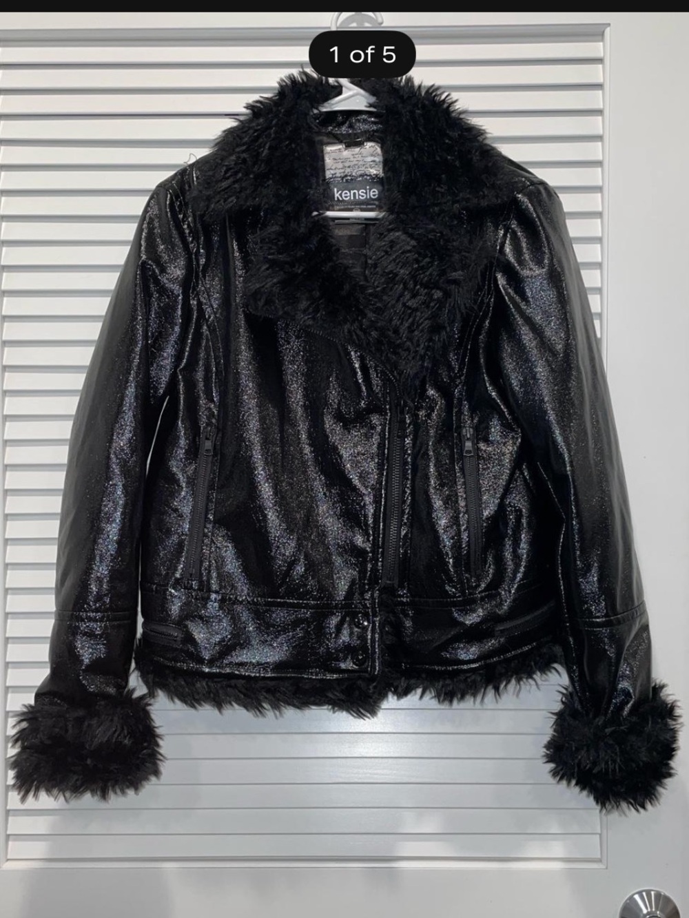 Kensie Black Faux Leather Jacket with Faux Fur Trim